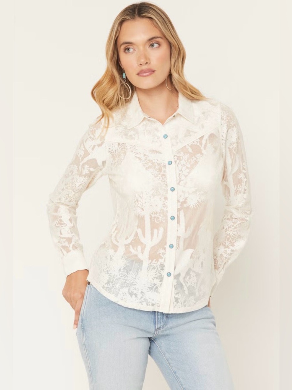Shyanne Lace Western Snap Shirt Cream Sheer Turquoise Snaps NWOT